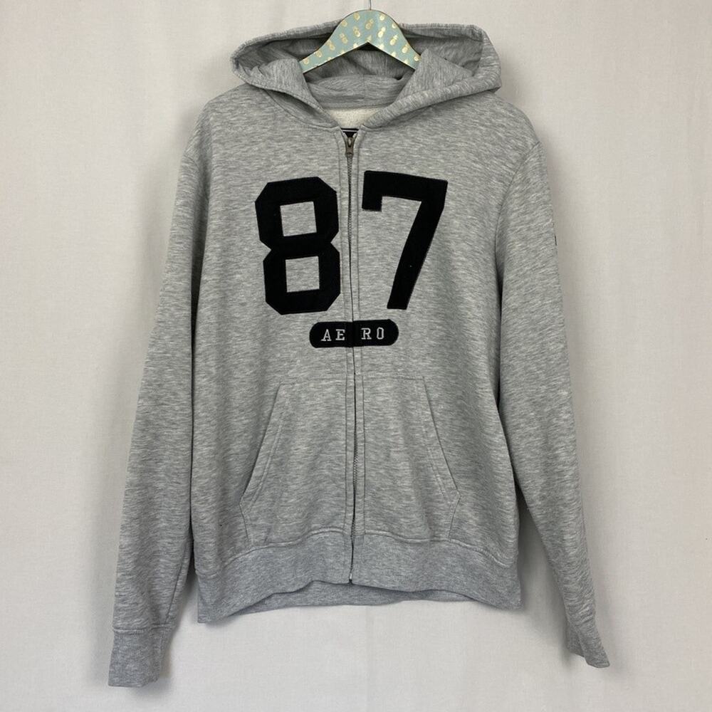 Aeropostale Hoodie Men Large Gray Full Zip 87 Logo Spellout Sweatshirt Retro Y2K